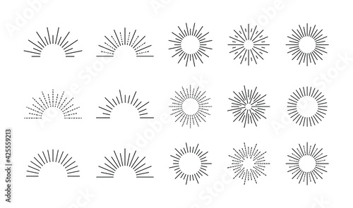 Vector retro style rays set, black and white illustration, design elements isolate on white background, vintage.
