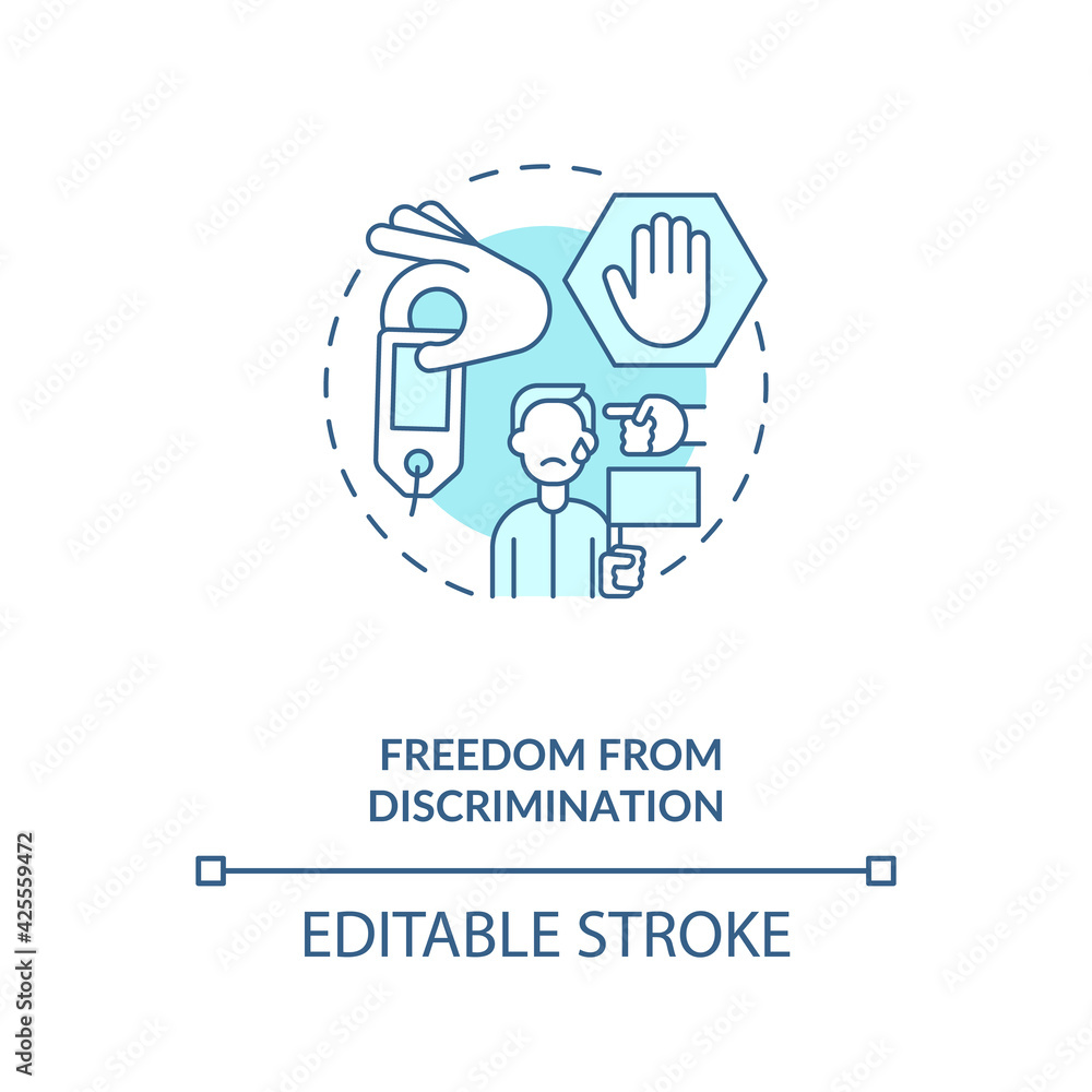 Freedom from discrimination blue concept icon. Stop hate crimes, prevent violence, abuse. Migrant worker rights idea thin line illustration. Vector isolated outline RGB color drawing. Editable stroke