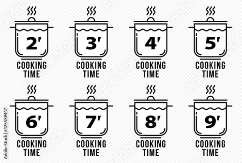 Stamps for product packaging. Recommended cooking times for pasta and other food products. Flat icon of chef caps and cutlery with time indicator. Vector set.