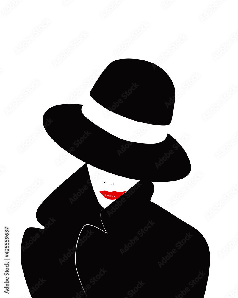 Stockvektorbilden Girl in a black coat and hat. Secretive woman ...