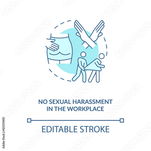 No sexual harassment in workplace blue concept icon. Stop abuse. Prevent assault on woman. Migrant worker rights idea thin line illustration. Vector isolated outline RGB color drawing. Editable stroke