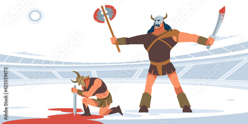 Gladiators fighting in the arena of the Colosseum. A muscular barbarian with a sword and an axe before executing a defeated Gladiator. Vector Flat cartoon style illustration.