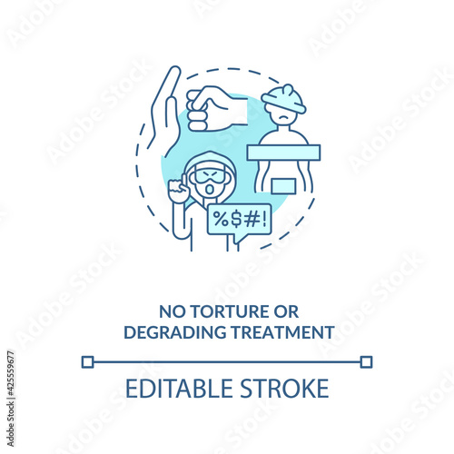 No torture or degrading treatment blue concept icon. Stop violence against immigrant. Migrant worker rights idea thin line illustration. Vector isolated outline RGB color drawing. Editable stroke