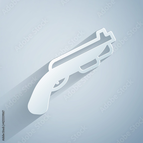 Paper cut Police shotgun icon isolated on grey background. Hunting shotgun. Paper art style. Vector