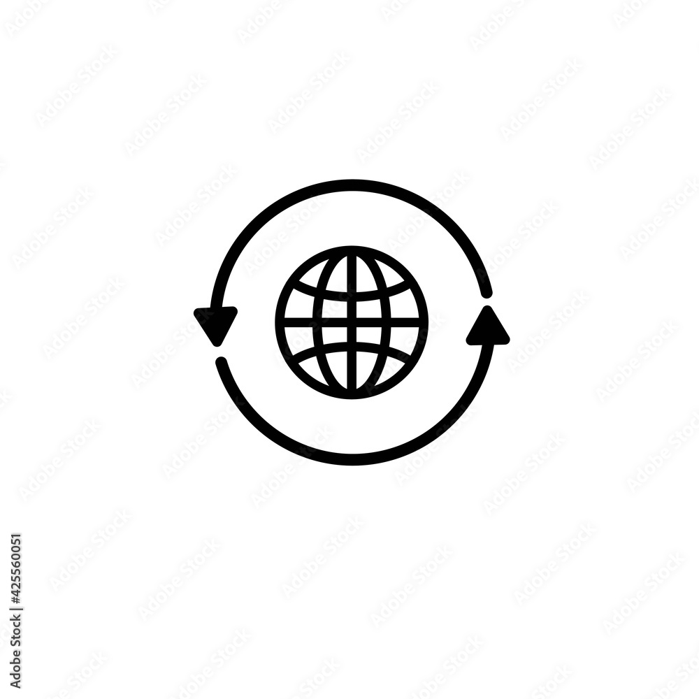 Black round globe with 2 sync arrows around icon, simple linear grid worldwide path shape flat design pictogram vector for app ads logo web button ui ux interface elements isolated on white background Black round globe with 2 sync arrows around icon, simple linear grid worldwide path shape flat design pictogram vector for app ads logo web button ui ux interface elements isolated on white background