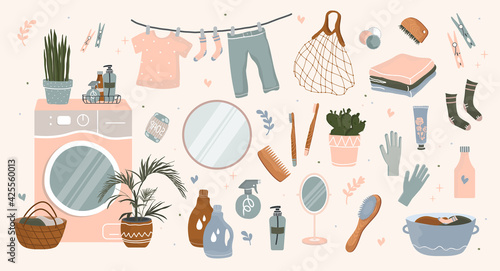 Bath accessories for body care. Vector stock illustration. Laundry supplies, washing machine and powder. Cosmetics and hygiene. Elements for bathroom interior decor. With tickers and stickers.