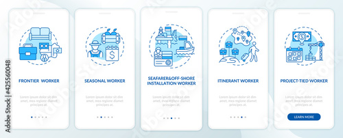 Migrant workers types blue onboarding mobile app page screen with concepts. Immigrants walkthrough 5 steps graphic instructions. UI, UX, GUI vector template with linear color illustrations