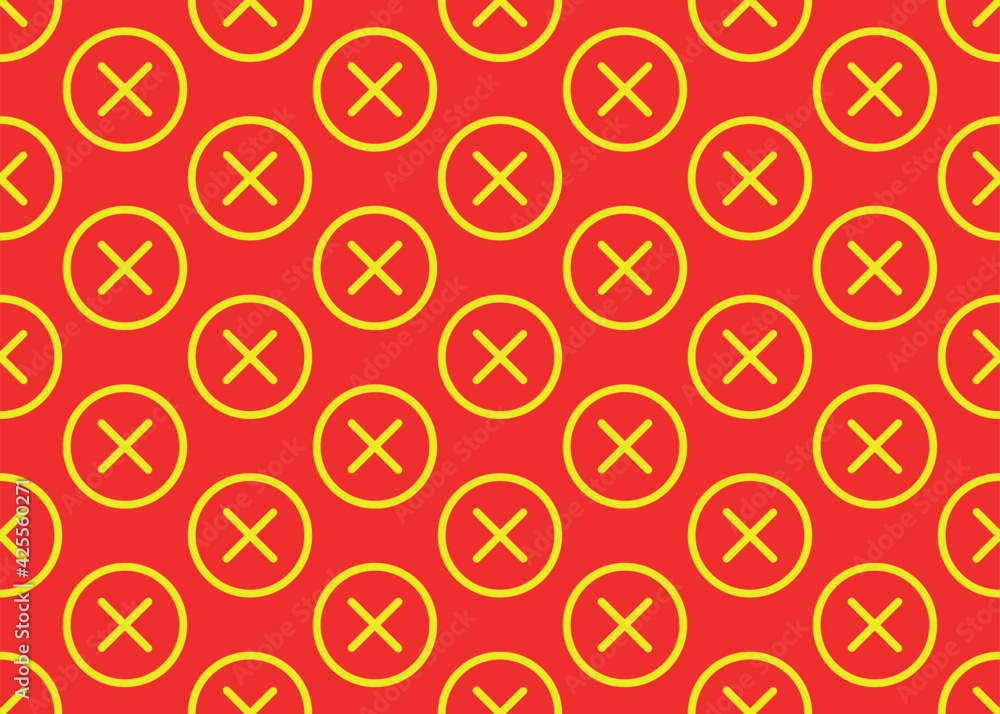 Red background with yellow circles and crosses Seamless texture. For printing, wrapping paper and fabric design.