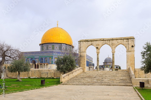 Canyors - stone  arches on the stairs leading to the Dome of the Rock mosque  Dome of the Rock mosque and the Dome of the Chain on the Temple Mount in the Old Town of Jerusalem in Israel