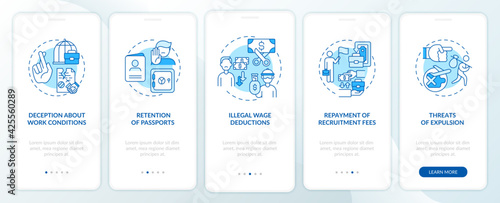 Migrant workers right violations, abuse blue onboarding mobile app page screen with concepts. Work walkthrough 5 steps graphic instructions. UI, UX, GUI vector template with linear color illustrations