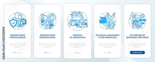 Migrant workers freedoms blue onboarding mobile app page screen with concepts. Immigrant rights walkthrough 5 steps graphic instructions. UI, UX, GUI vector template with linear color illustrations