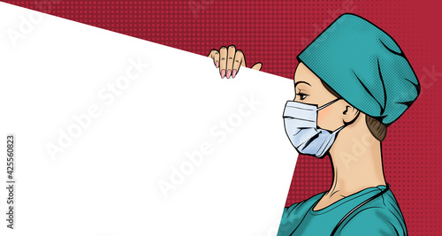 Side profile of a female doctor in a medical mask. Woman in surgical cap in pop art style. Retro halftone background with copy space. Healthcare vector illustration.