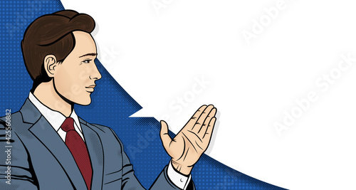 Pop art businessman is pointing his hand. Man in a business suit with a speech bubble. Retro halftone background. Stock vector illustration.