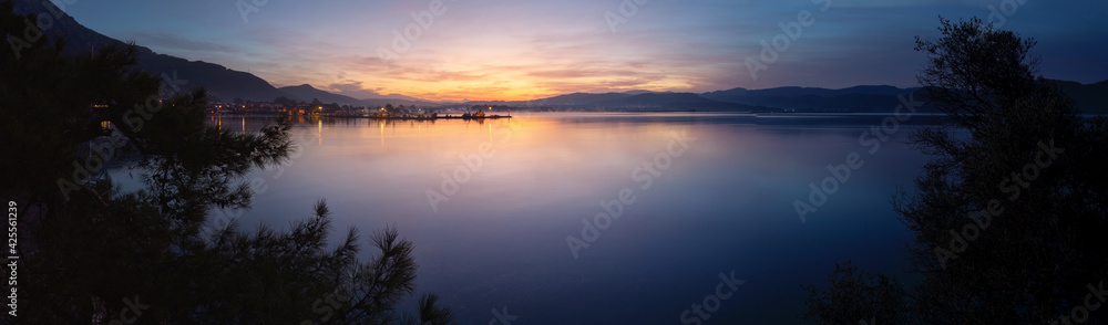 Panorama of Gokova Bay in Akyaka village at foot of Sakartepe Mountain at sunrise