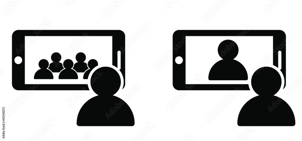 Video chat. Online webinar, speaker talk to meeting on videoconferencing event. Video conference pictogram. Digital communication on laptop screen, phone, computer, Internet learning media business. Video chat. Online webinar, speaker talk to meeting on videoconferencing event. Video conference pictogram. Digital communication on laptop screen, phone, computer, Internet learning media business.