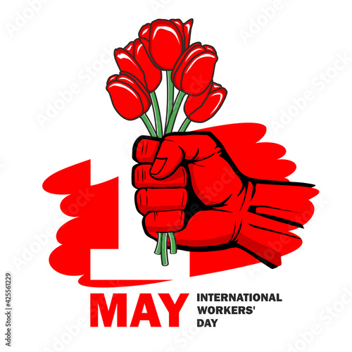 May Day greeting card for International Workers' Day. May 1 - symbol of revolutionary protest is red clenched fist raised up with red tulip flowers. Vector