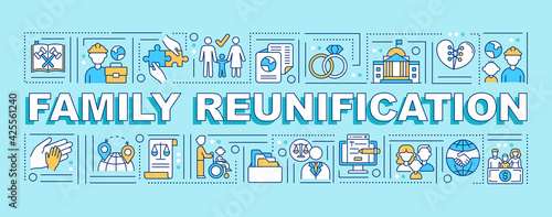 Family reunification word concepts banner. Parents with children moving abroad. Infographics with linear icons on blue background. Isolated typography. Vector outline RGB color illustration