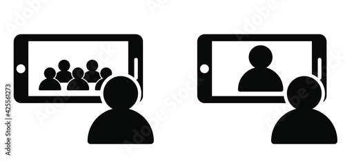 Video chat. Online webinar, speaker talk to meeting on videoconferencing event. Video conference pictogram.  Digital communication  on laptop screen, phone, computer, Internet learning media business.