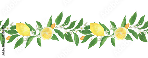 Watercolor painting seamless border with citrus leaves, flowers, fruits on white background