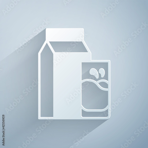 Paper cut Paper package for kefir and glass icon isolated on grey background. Dieting food for healthy lifestyle and probiotics fulfillment. Paper art style. Vector