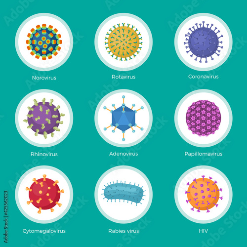 Viruses collection. Bacterium lab viruses stamm clinic medical symbols microorganism sick recent vector illustrations collection