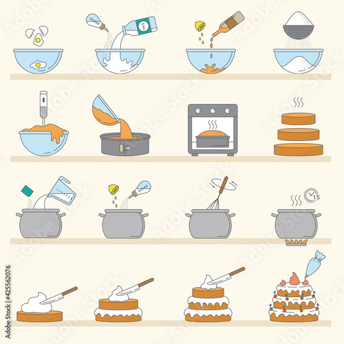 Cooking stages. Tasty cakes preparation baked steps cuisine products recent vector illustrations in flat style