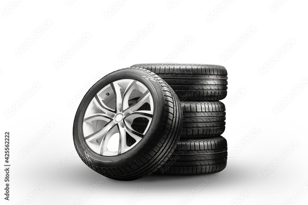 summer tires and wheels-stack on a white background - obrazy, fototapety, plakaty 