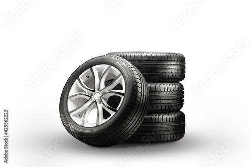 summer tires and wheels-stack on a white background