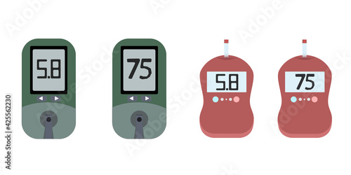 Set Electronic Glucometer with normal values. Diabetes blood glucose test. Diabetes control and diagnostics. Medical apparatus blood meter. Vector stock illustration on white background.	