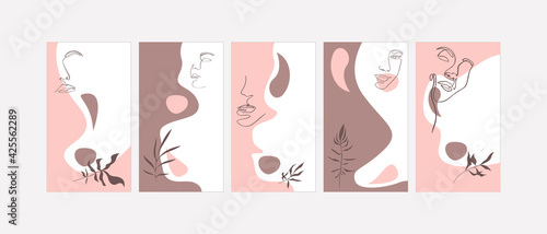 A set of templates for social media stories in a trendy minimalist style. Linear silhouettes of a female face. Vector illustration.