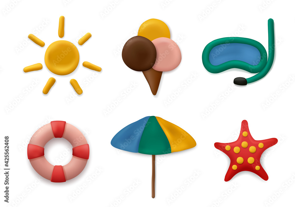 Plasticine modeling summer objects. Clay artwork sea or marine sun objects fishes palm tree kids sculpt education decent vector realistic collection