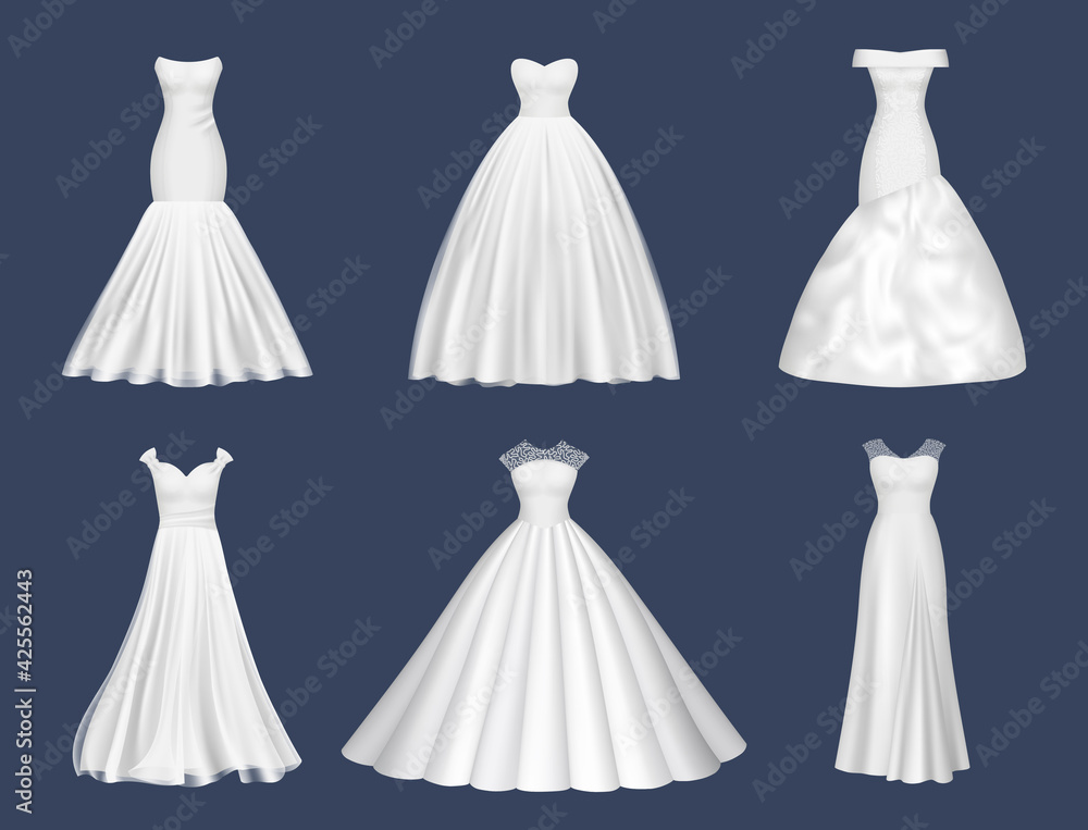 Obraz premium White dresses. Wedding clothes for beauty woman fashion dresses for brides evening party decent vector realistic pictures