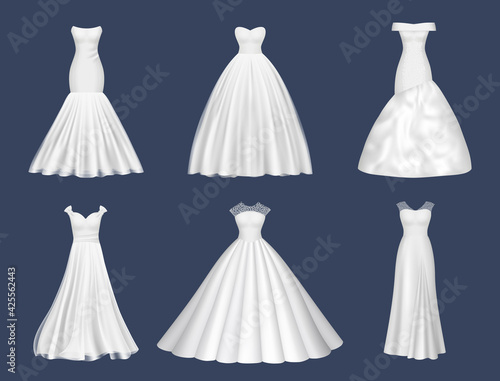 White dresses. Wedding clothes for beauty woman fashion dresses for brides evening party decent vector realistic pictures