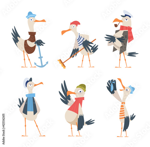 Seagull sailor. Cute funny sea or ocean bird in captain clothes exact vector character in action poses isolated
