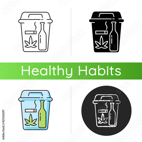 Quitting bad habits icon. No smoking. Stop drug dependance. Refuse alcohol drink. Health improvement, healthy lifestyle. Change habits. Linear black and RGB color styles. Isolated vector illustrations