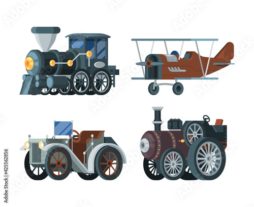 Vintage transport. Old retro passenger cars locomotive trucks carriage train airplanes garish vector flat vehicles collection
