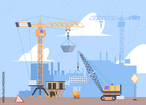 Constructions crane. Builders making big house engineering build cranes workers loader machines garish vector cartoon background