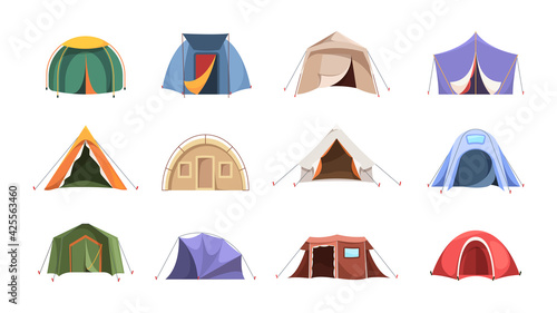 Tent. Shelter for travellers from cold or hot weather camping symbols environment tent of hunters garish vector cartoon set