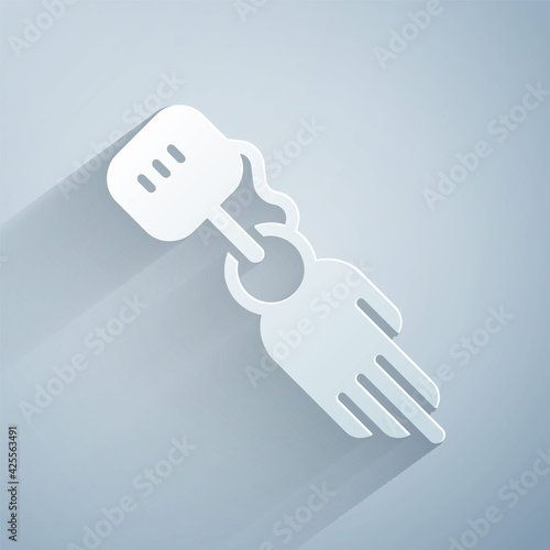 Paper cut Prosthesis hand icon isolated on grey background. Futuristic concept of bionic arm, robotic mechanical hand. Paper art style. Vector