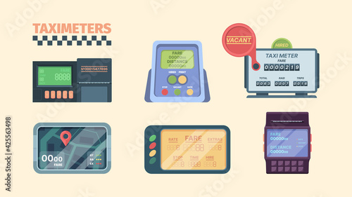 Taximeter. Display in car with speeding detection for cash money auto transportation meter for vehicle services garish vector collection