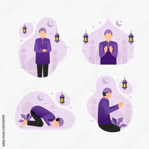 Set of Muslim people praying in traditional clothing with ramadan celebration vector illustration