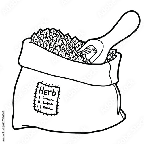 A bag of dry herbs, spices, tea. Wooden spatula. Black outline. Coloring page. 