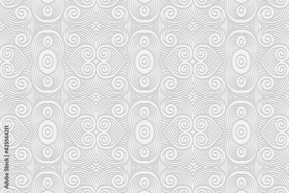 Geometric volumetric convex white background. Ethnic African, Mexican, Indian motives. 3d embossed pattern in doodling style with original hearts.Fashionable ornament for design.