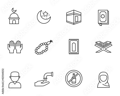 Set of islam and ramadan icon with black line style isolated on white background