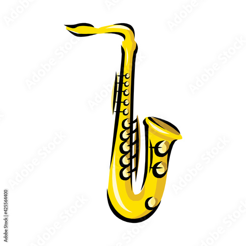 Golden saxophone on white background in cartoon style isolated vector Illustration