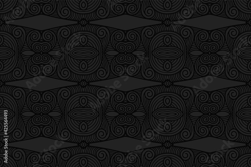 Geometric volumetric convex black background. Ethnic African, Mexican, Indian motives. 3D relief pattern in doodling style.Colorful decorative ornament for design.