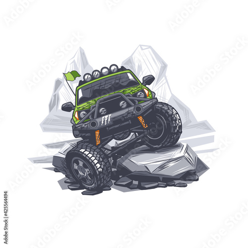 Off Road car goes through difficult obstacles in the mountains.
