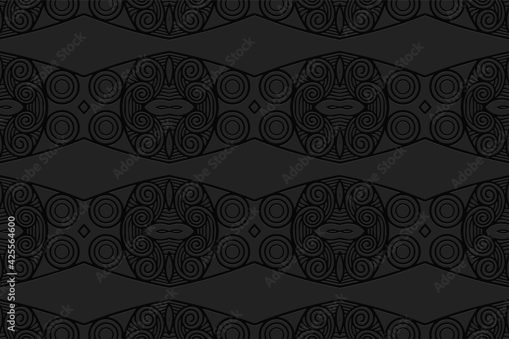Geometric volumetric convex black background. Ethnic African, Mexican, Indian motives. 3D relief pattern in doodling style. Colorful original ornament for decor, wallpaper, textiles.