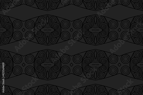 Geometric volumetric convex black background. Ethnic African, Mexican, Indian motives. 3D relief pattern in doodling style. Colorful original ornament for decor, wallpaper, textiles.
