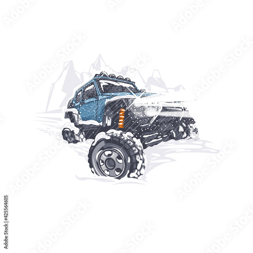 Blue off-road car overcomes the difficulties in the snowy winter.